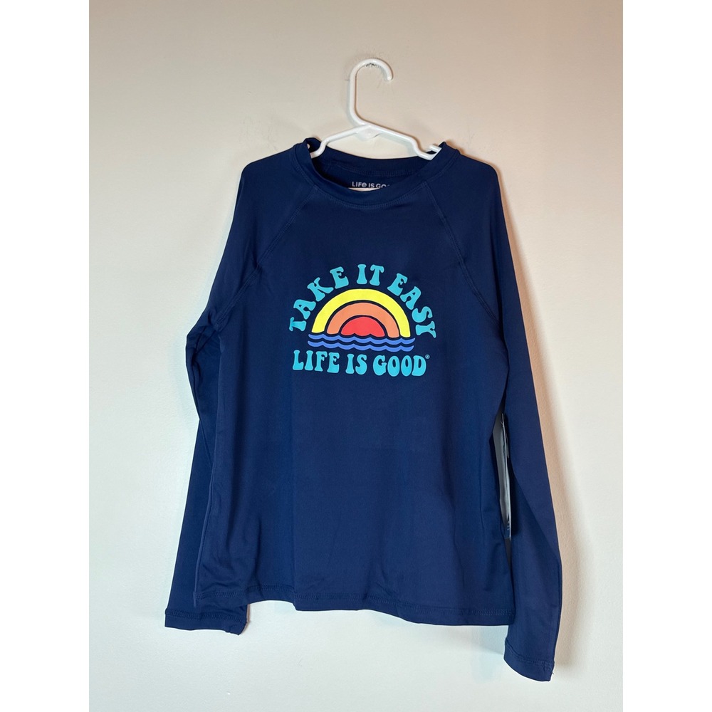 Life is Good Kids Navy Blue Take It Easy Sun Graphic Rash Guard Swim Shirt NWT